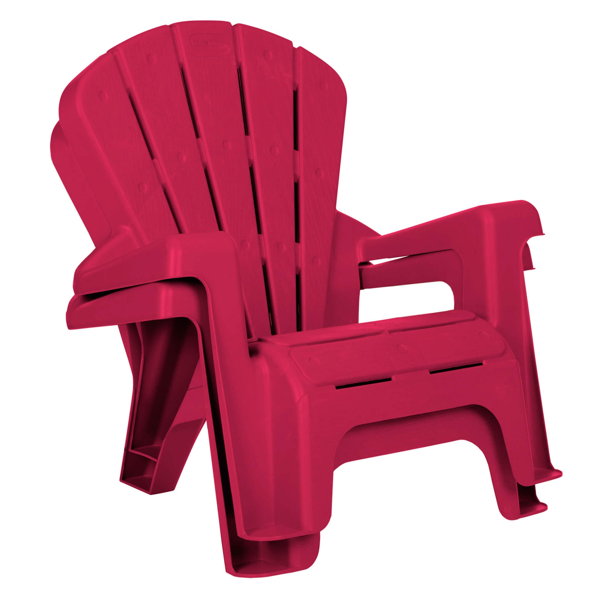 Two red plastic Adirondack chairs stacked on a white background