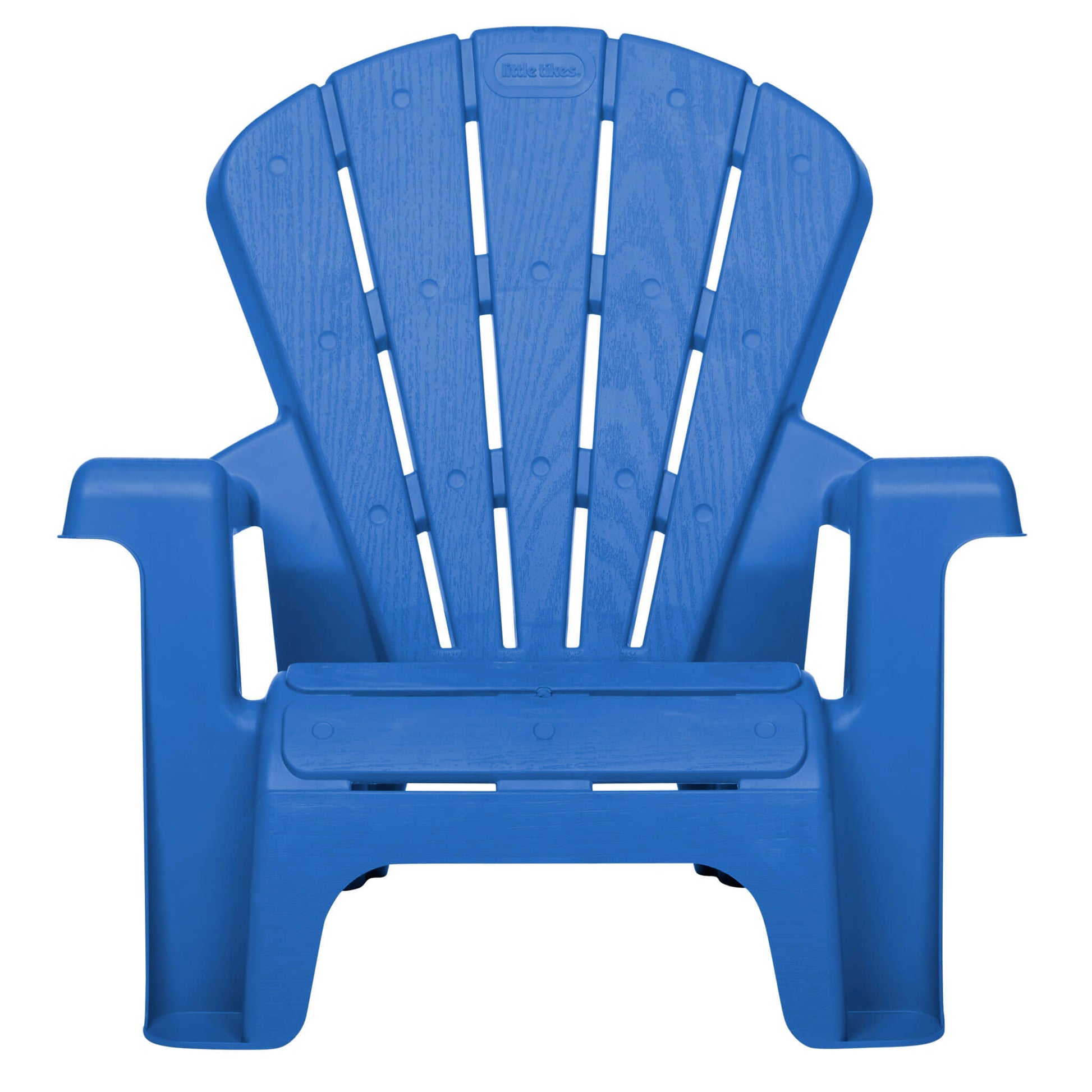 Blue plastic Adirondack chair on a white background