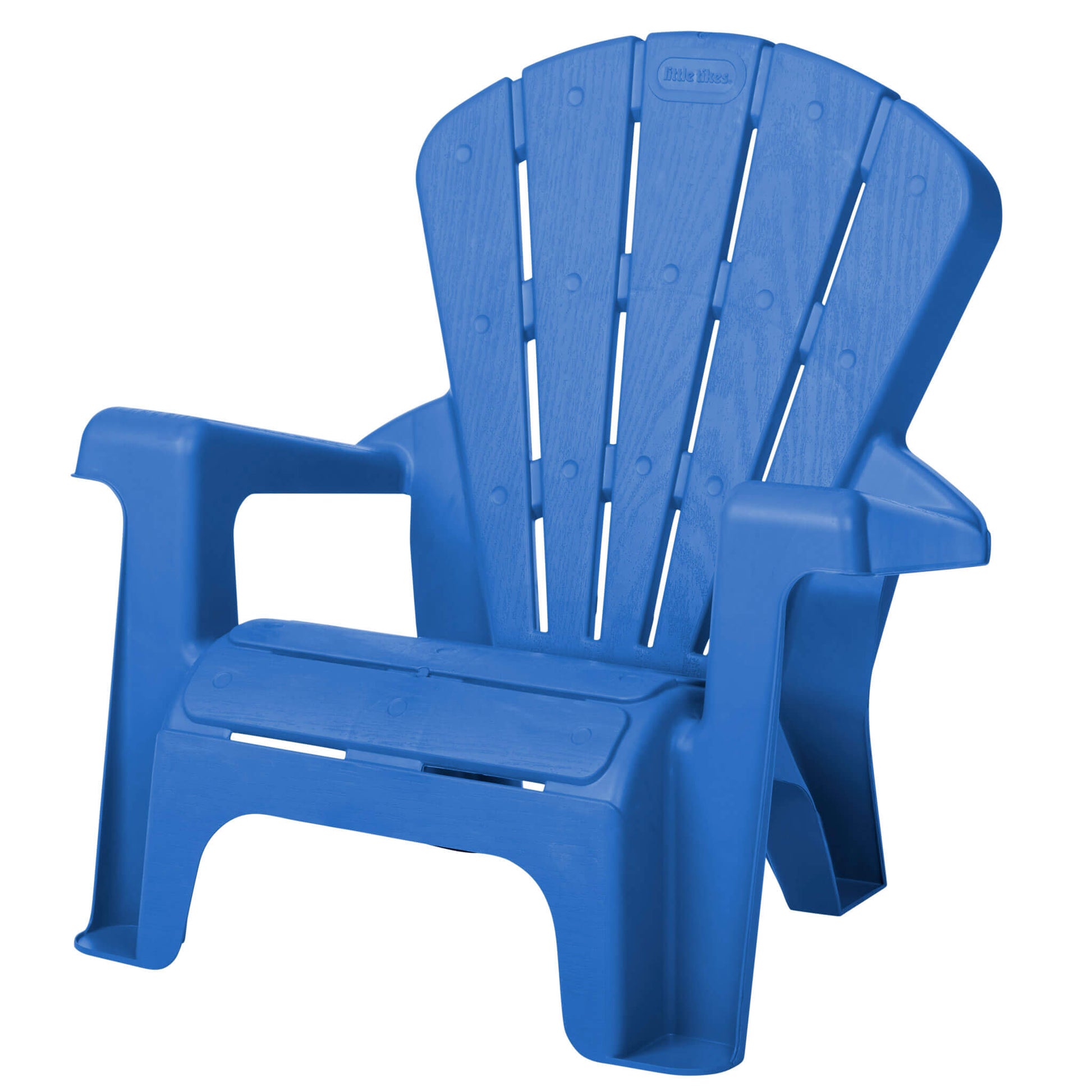 Blue plastic Adirondack chair on a white background