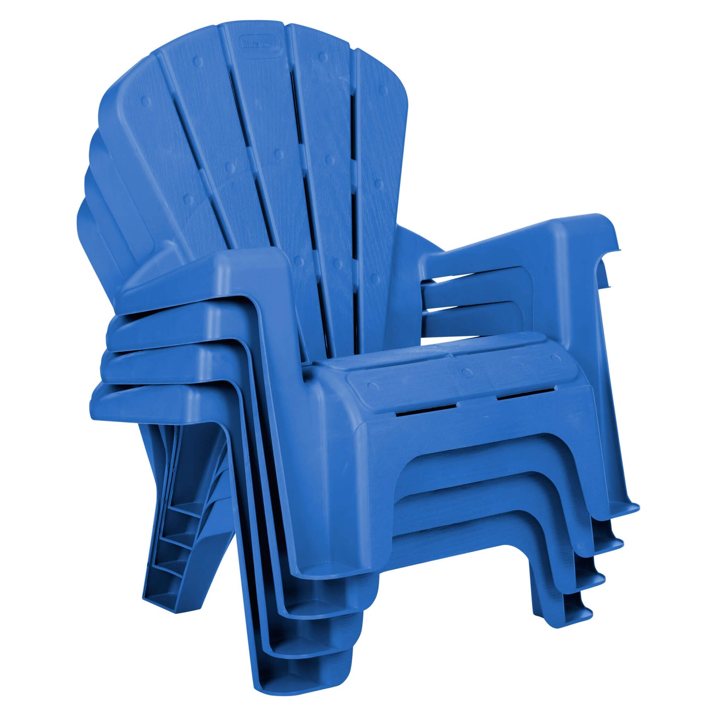 Four blue chairs stacked on a white background