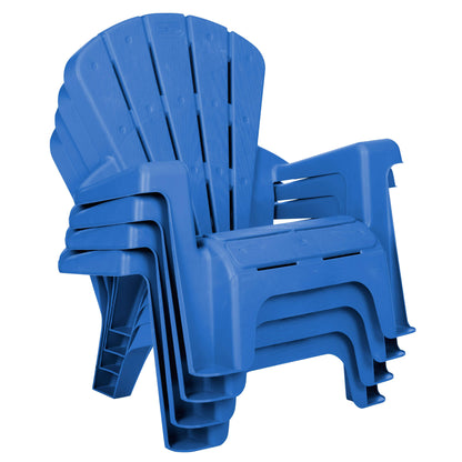 Four blue chairs stacked on a white background