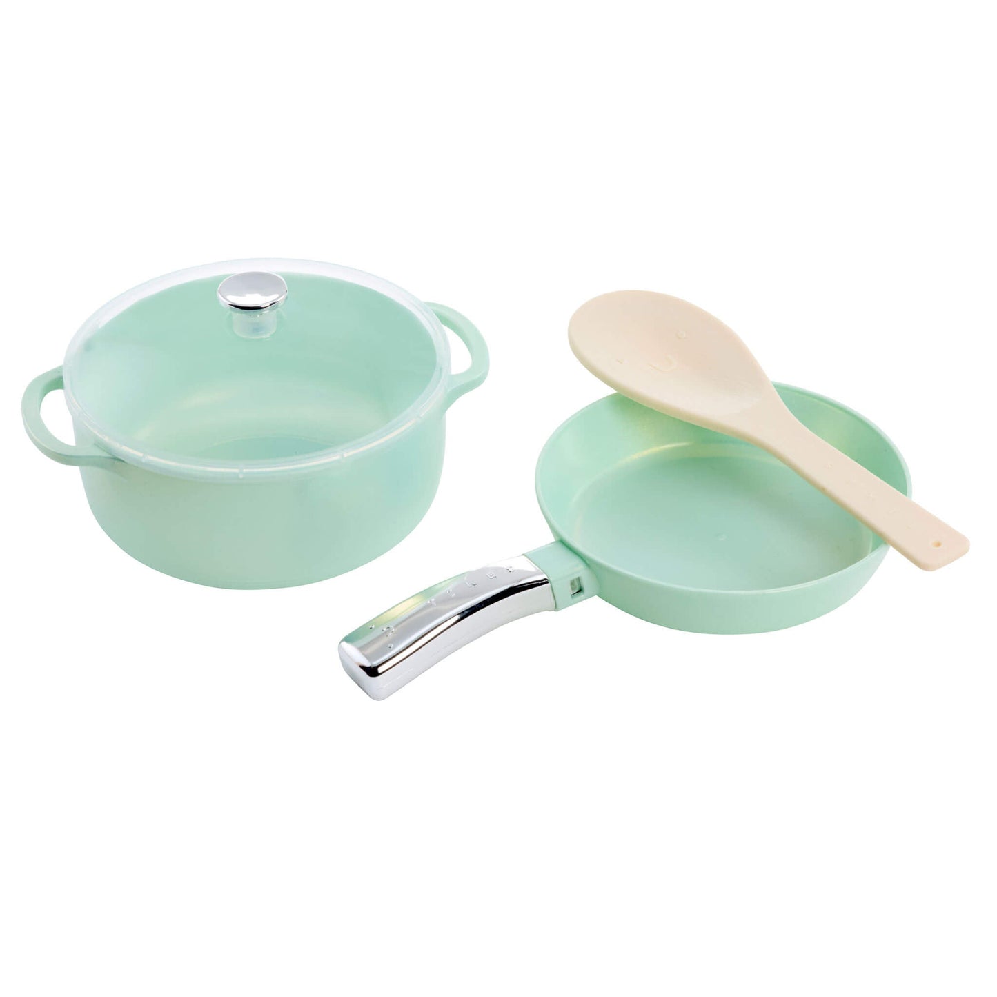 Set of green toy cookware with a lid and wooden spoon on a white background