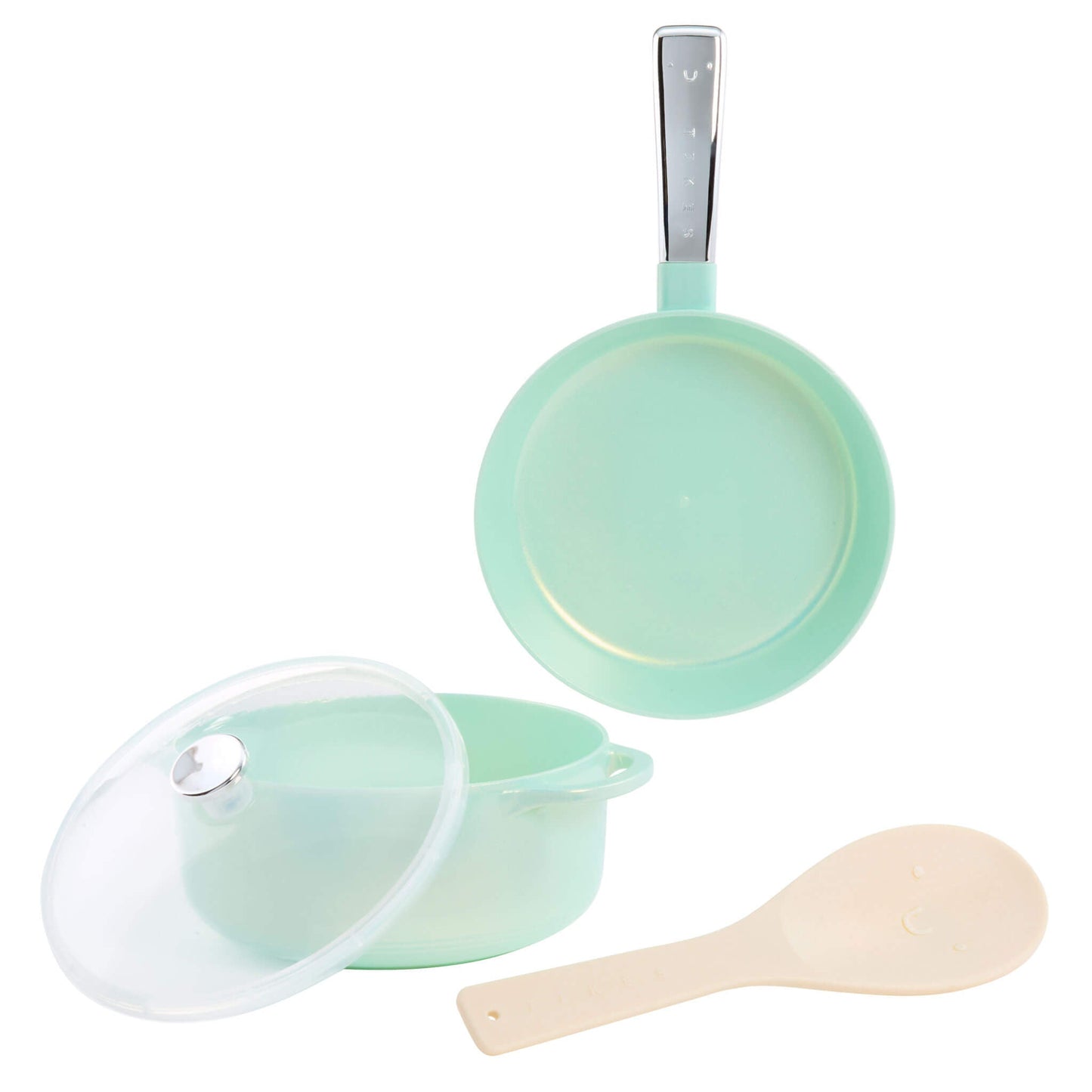 A 3-piece toy cooking set in mint green, including a frying pan with a silver handle, a saucepan with a clear lid, and a beige spoon, displayed on a white background.