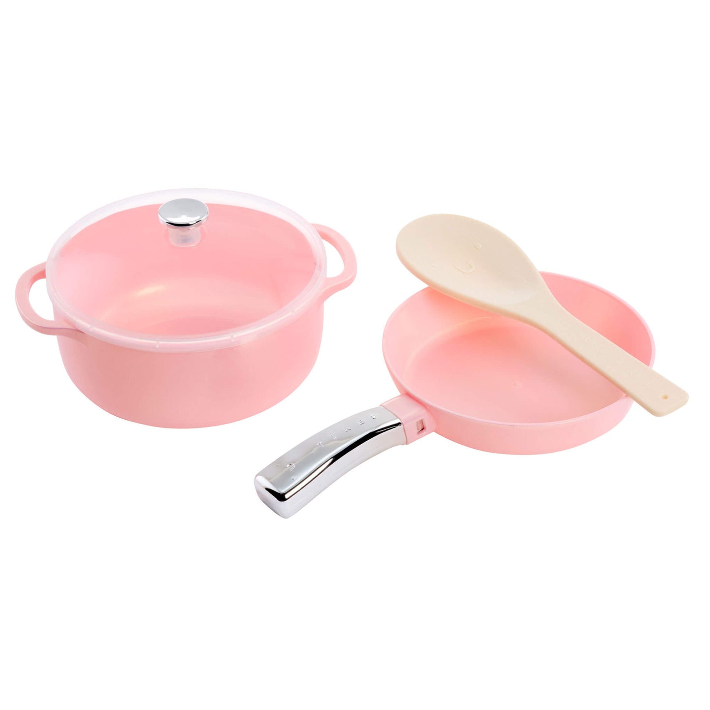 Pink toy cookware set with a wooden spoon on a white background