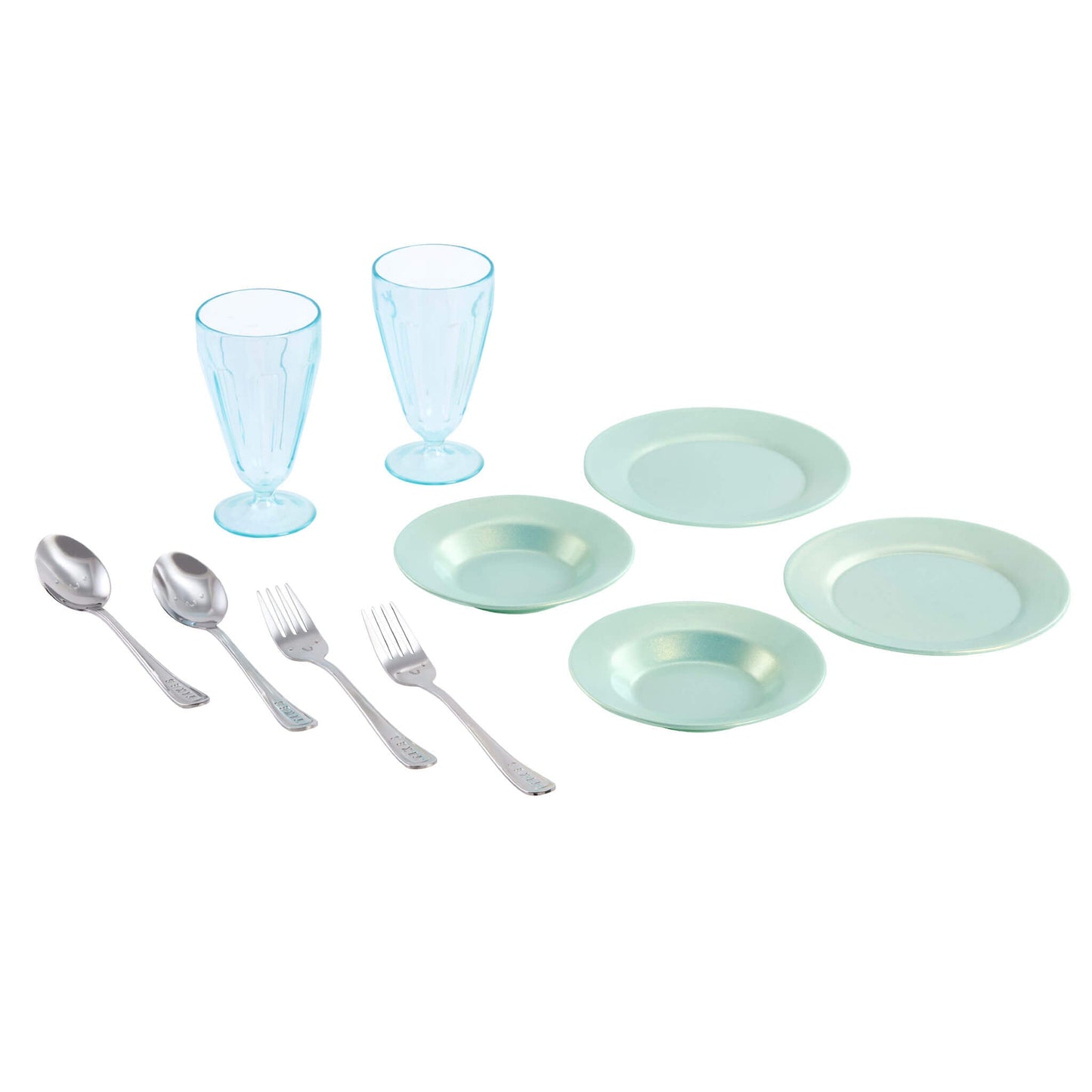 Set of light blue dinnerware including plates, glasses, and silver utensils on a white background.