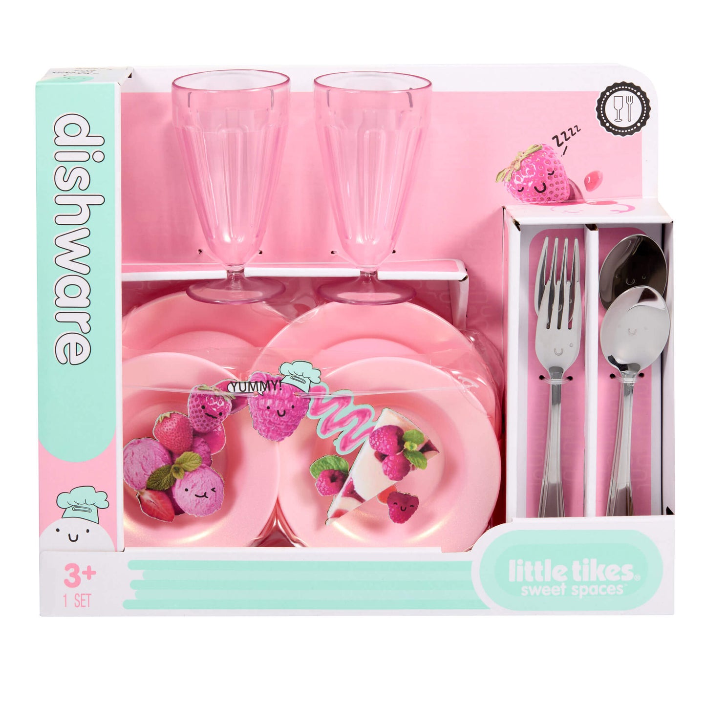 Pink children's dishware set with glasses, plates, and cutlery in packaging.