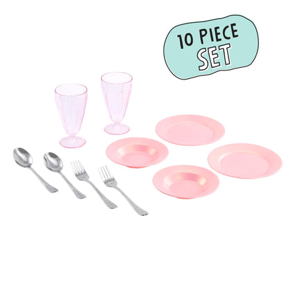 A 10-piece children's play dinnerware set featuring four pink plates, two pink glasses, and four silver-colored forks and spoons, displayed on a clean white background with a '10 PIECE SET' label in the top right.