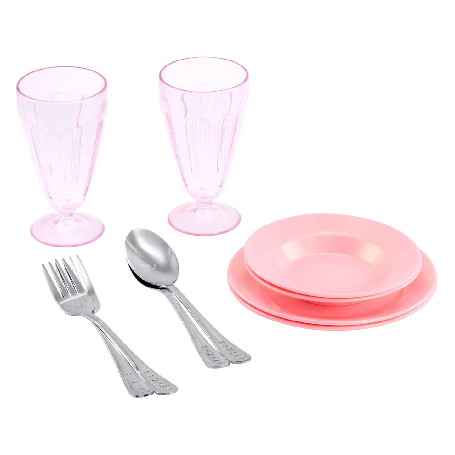 A children's dinnerware set featuring two pink goblets, a stack of four pink plates, and silver metal cutlery pieces, displayed on a clean white background.