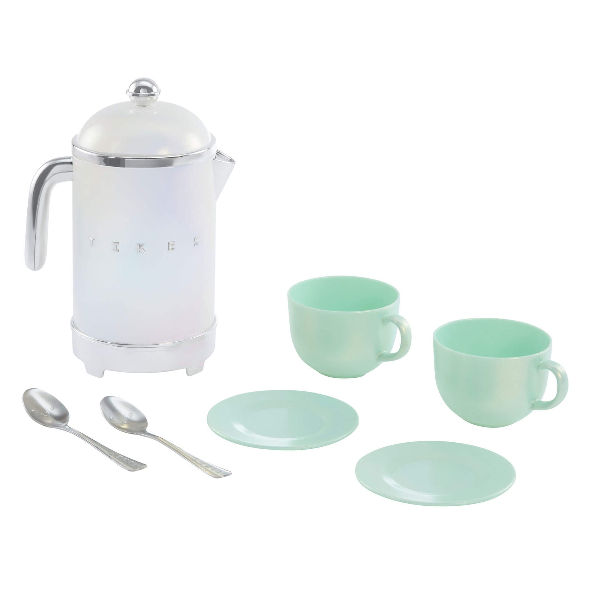 Tea set with white teapot, mint green cups and plates on a white background