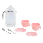 Tea set with a teapot, pink cups and saucers, and silver spoons on a white background.