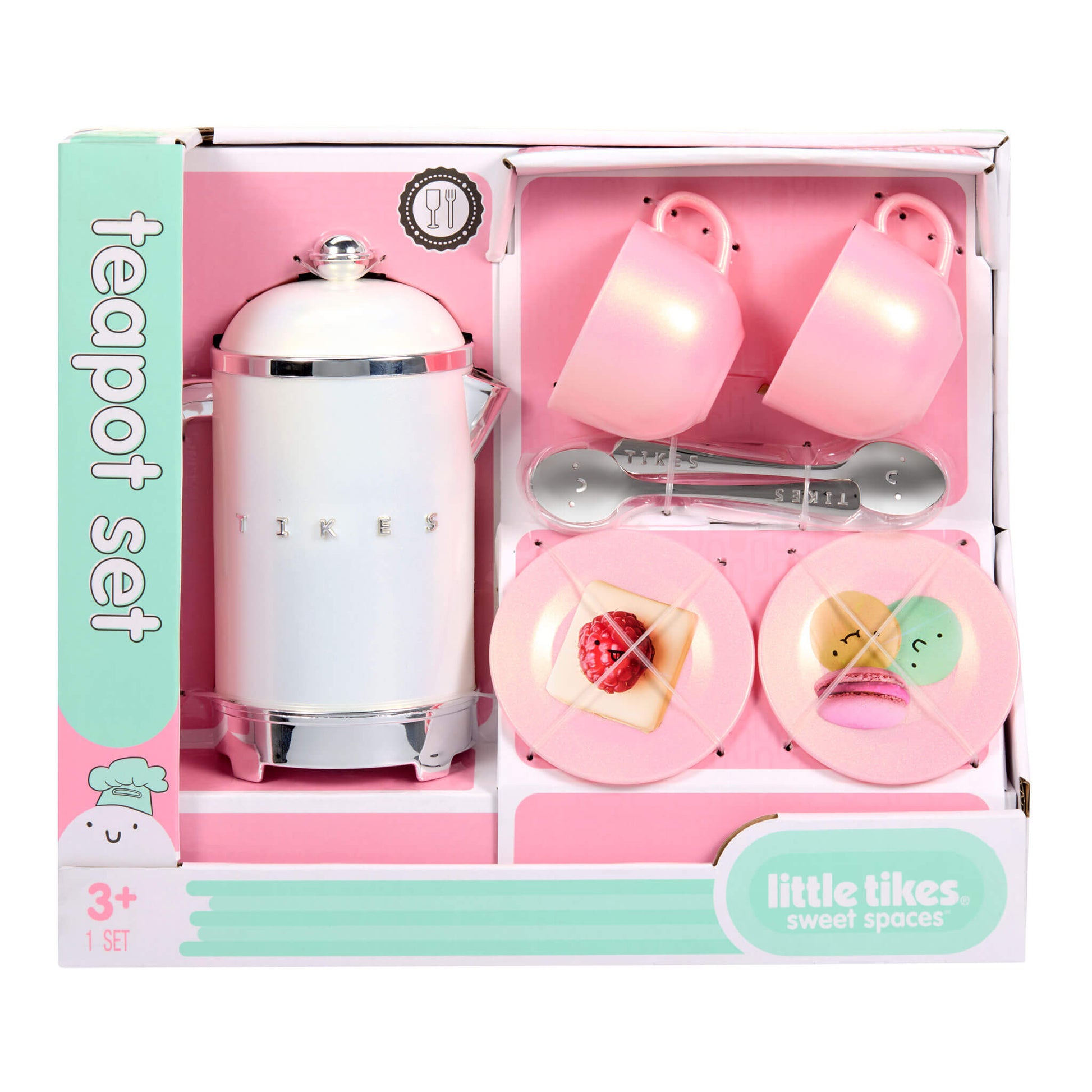 Pink toy teapot set with cups and utensils in packaging labeled 'little likes sweet spaces'.