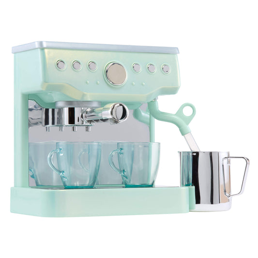 Seafoam green espresso machine with clear glass carafe on a white background