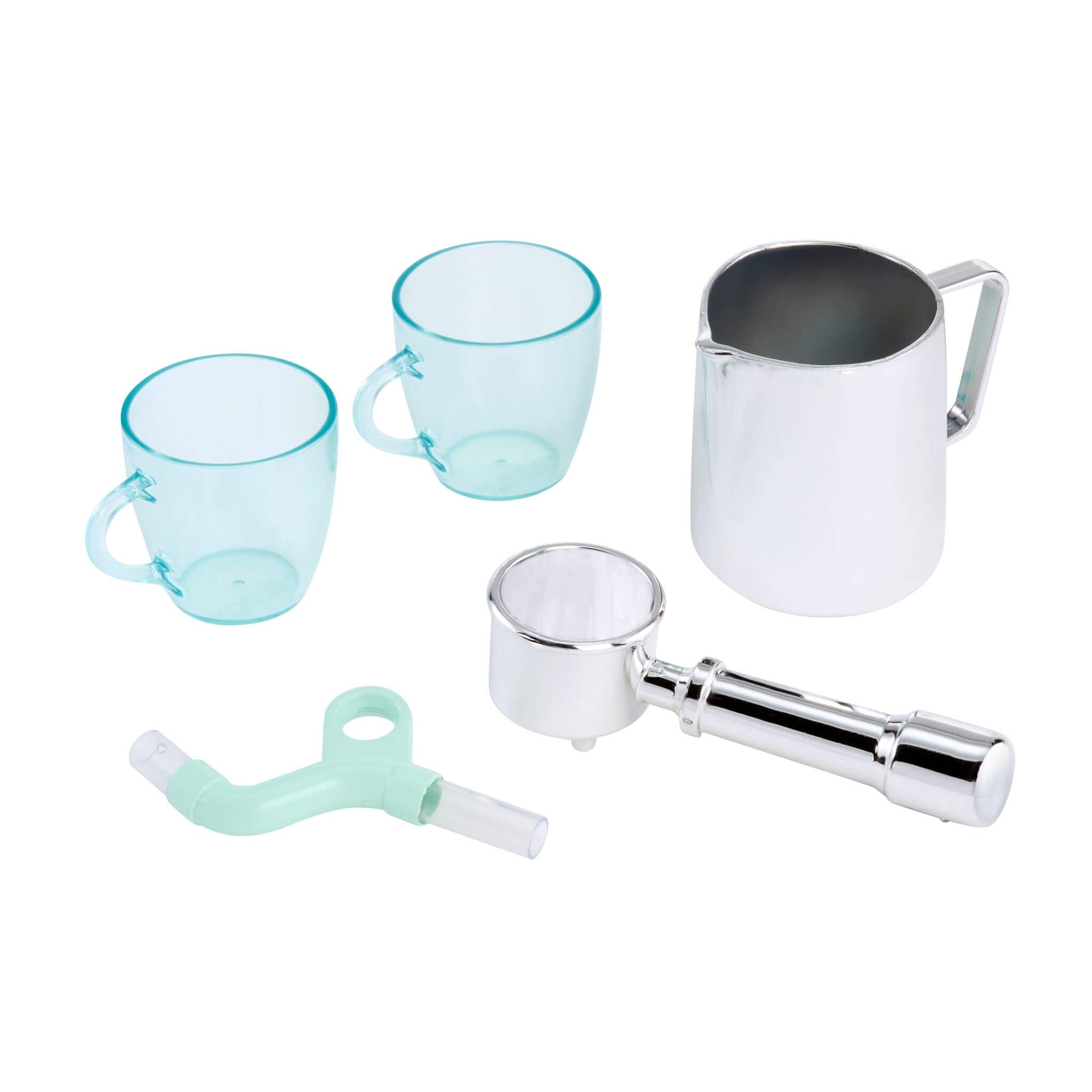 Set of turquoise glass mugs, a silver milk frother on a white background