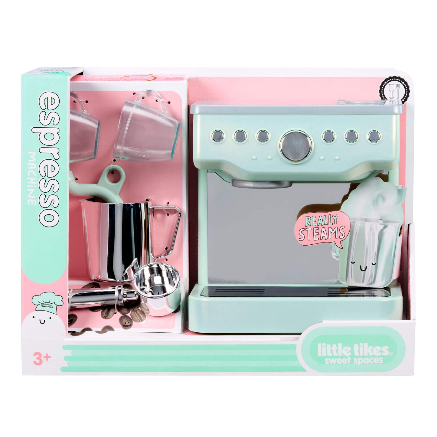 Toy espresso machine set in packaging with 'little tikes' branding on a white background