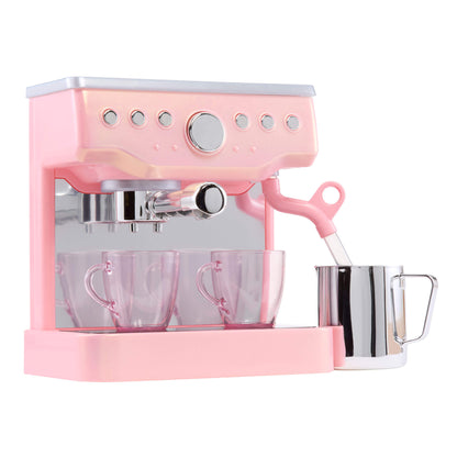 Pink espresso machine with two glass cups and a milk frother on a white background