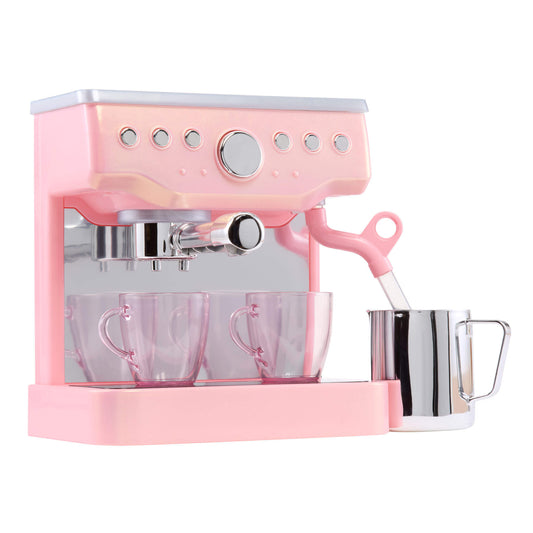 Pink espresso machine with two glass cups and a milk frother on a white background