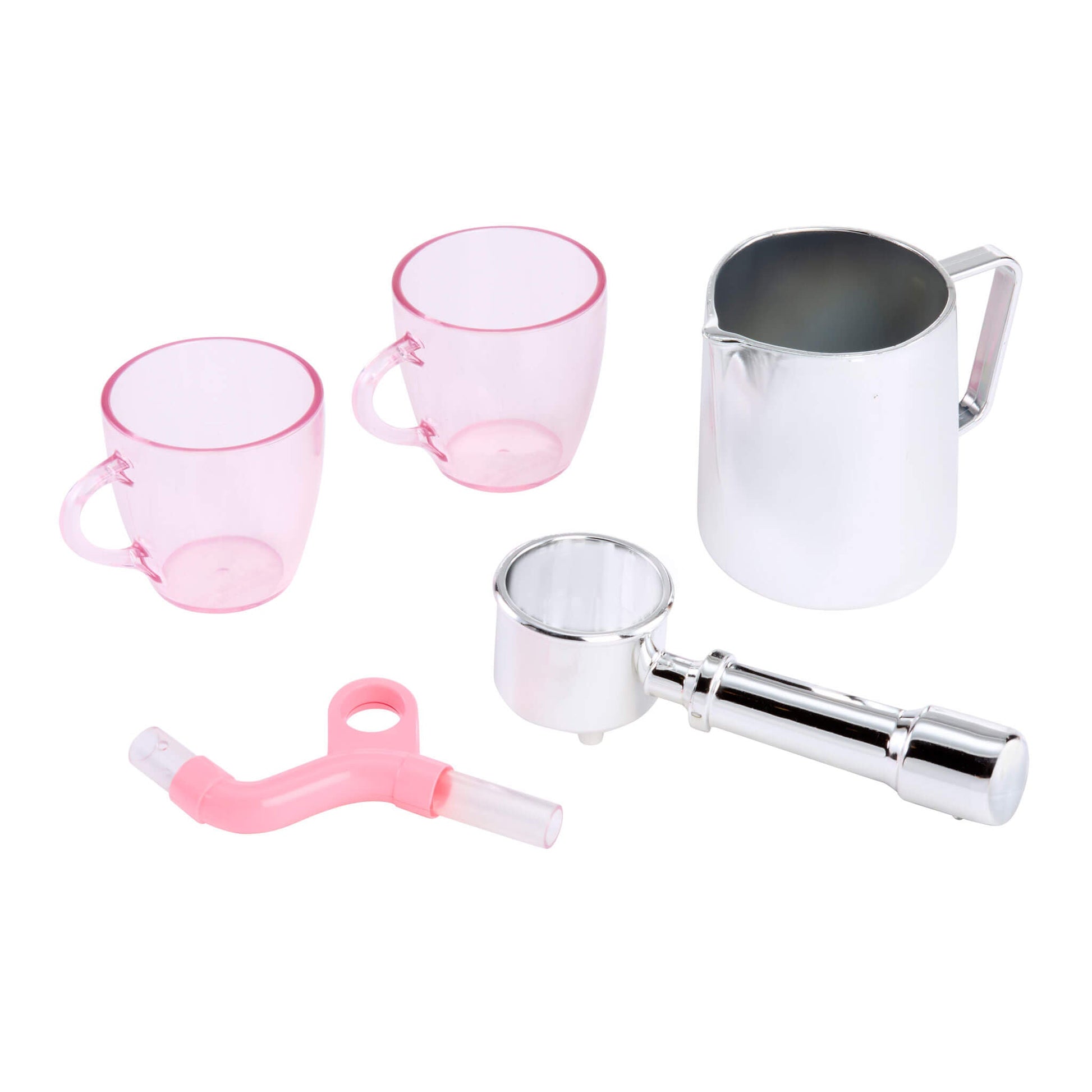 Set of pink cups and a silver milk frothing pitcher on a white background