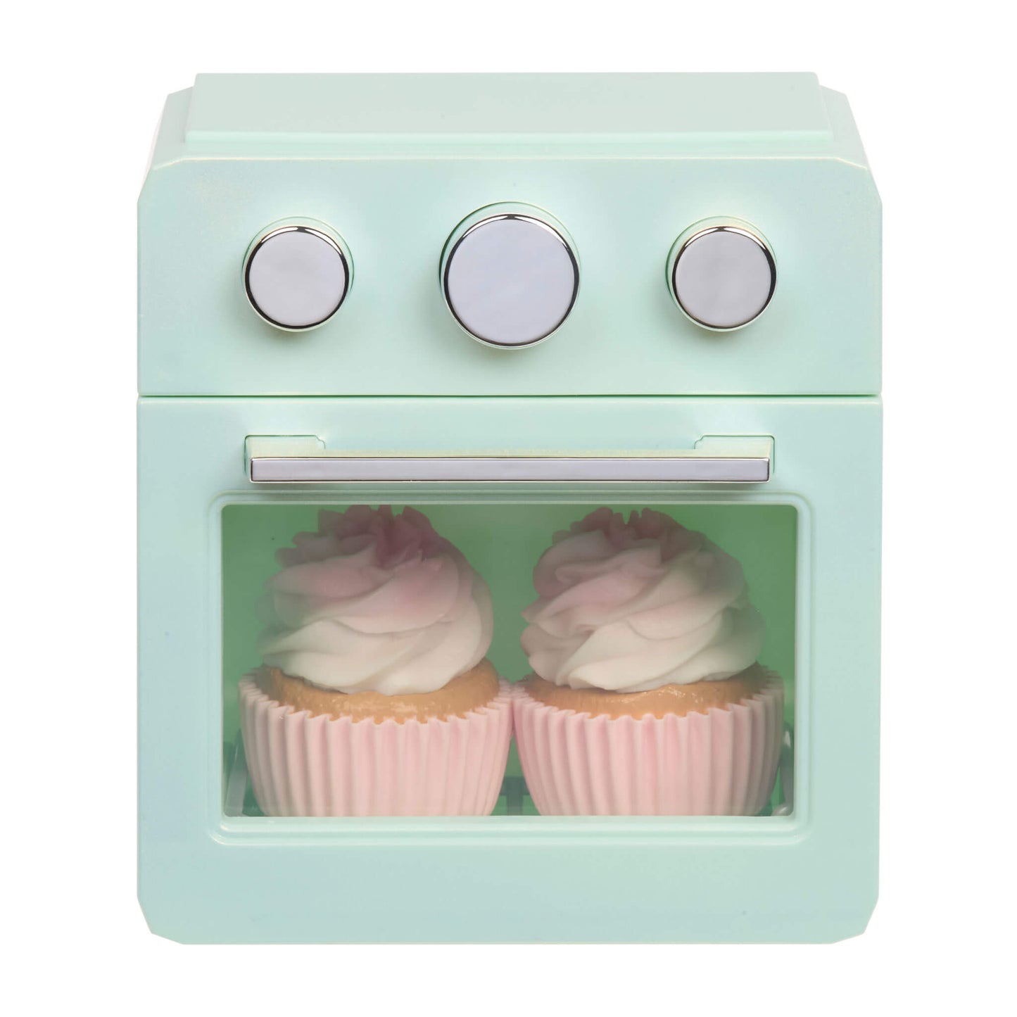 Two cupcakes inside the oven on a white background