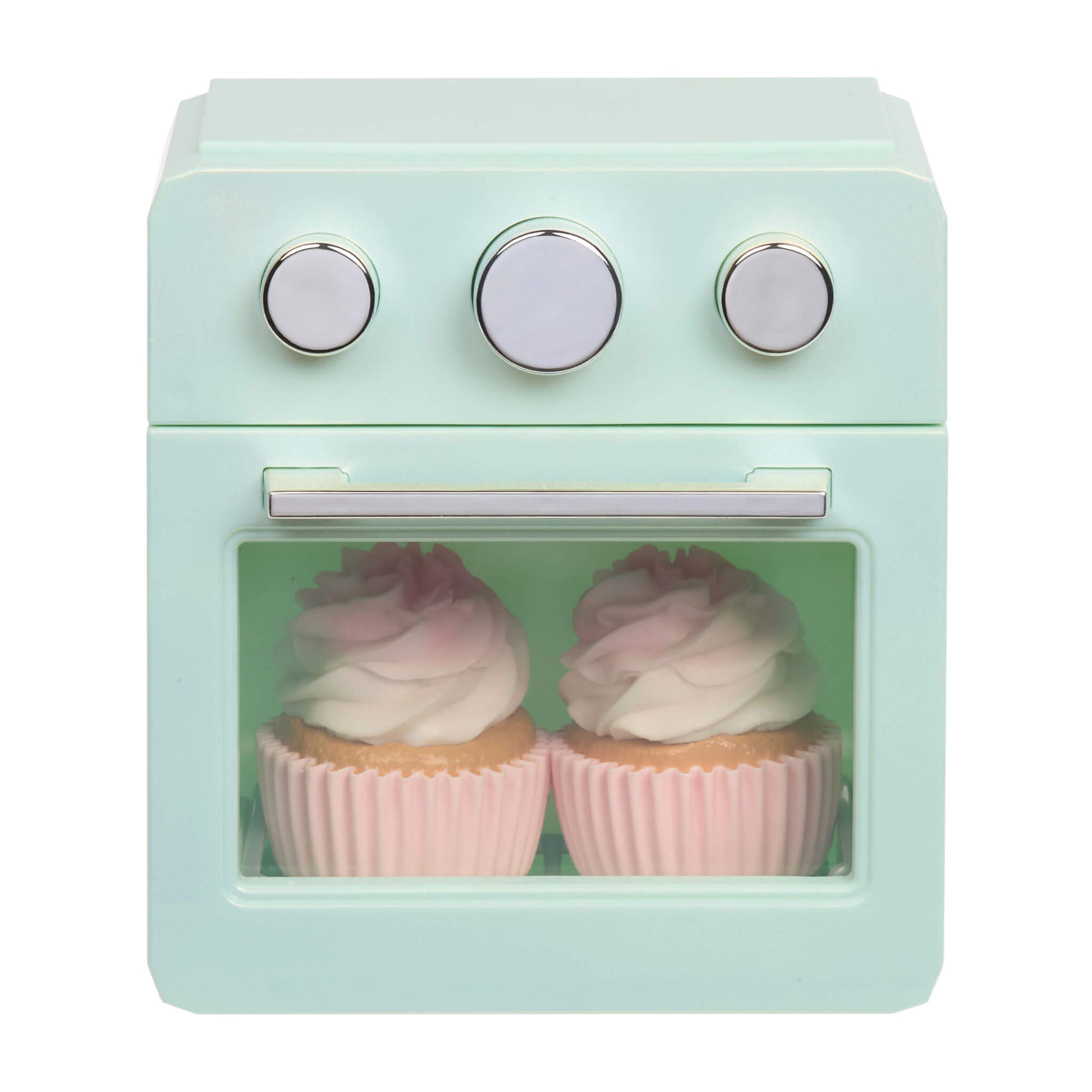 Two cupcakes inside the oven on a white background