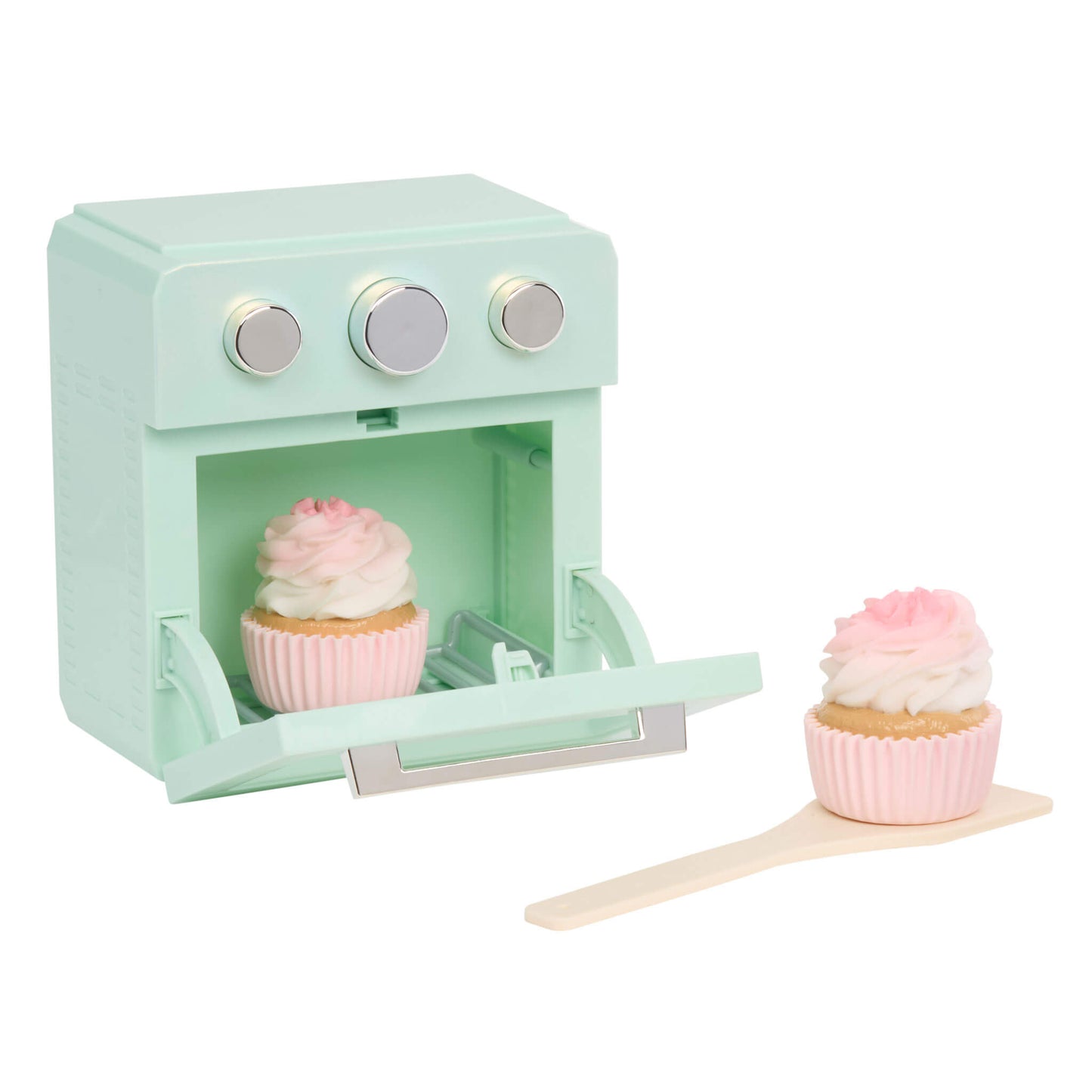 Oven door open with a cupcake inside on a white background