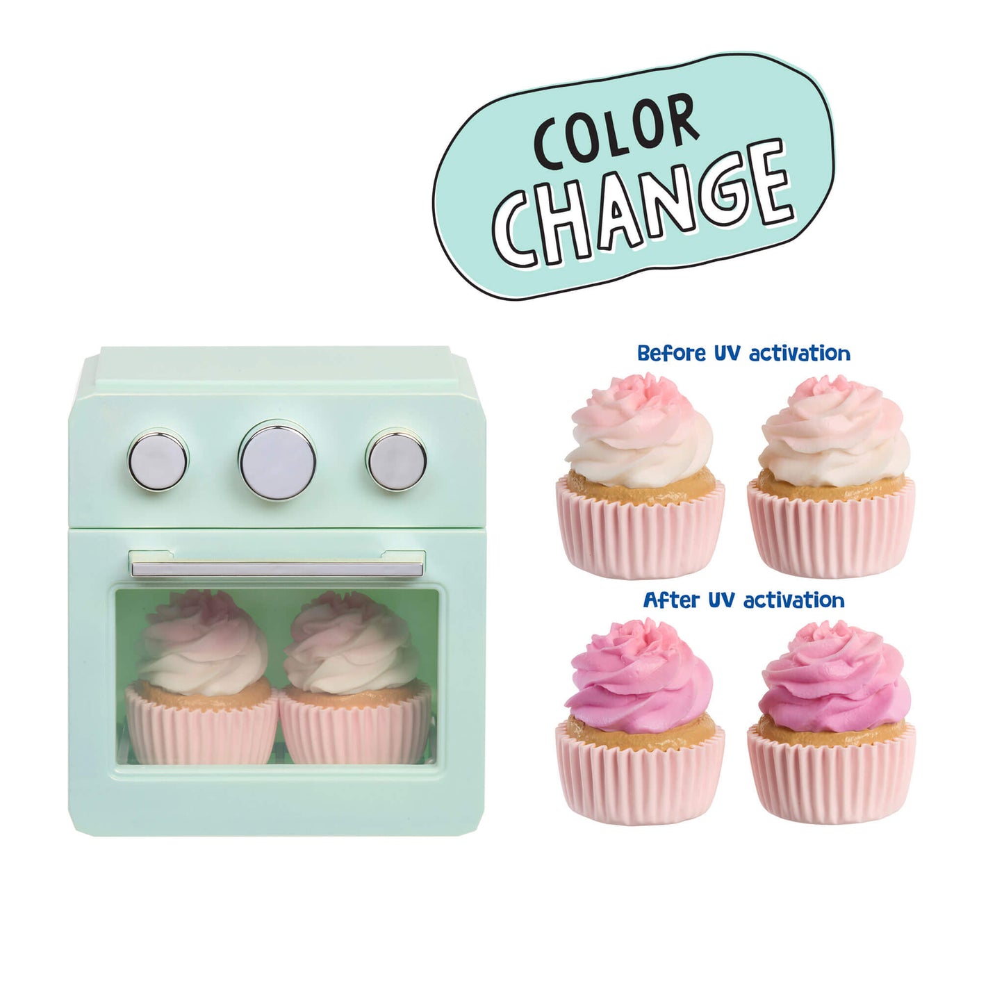 A toy miniature oven toy with two pink-and-white frosted cupcakes inside, shown on a white background with a 'COLOR CHANGE' graphic and before/after cupcake examples demonstrating a reversible color-changing feature.