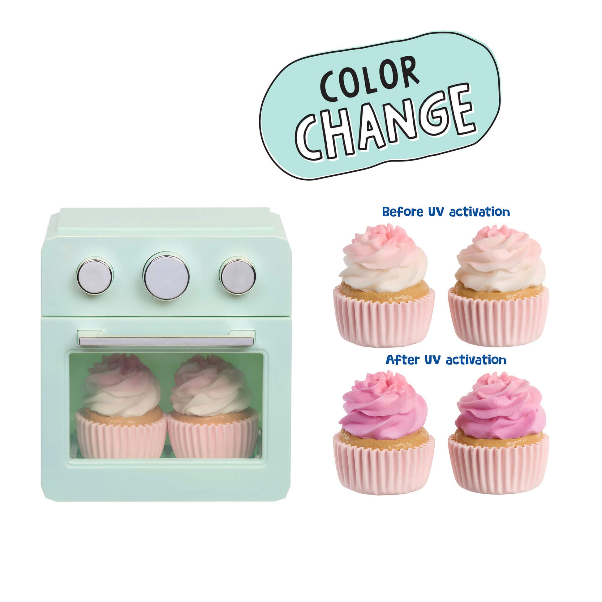 A toy miniature oven toy with two pink-and-white frosted cupcakes inside, shown on a white background with a 'COLOR CHANGE' graphic and before/after cupcake examples demonstrating a reversible color-changing feature.