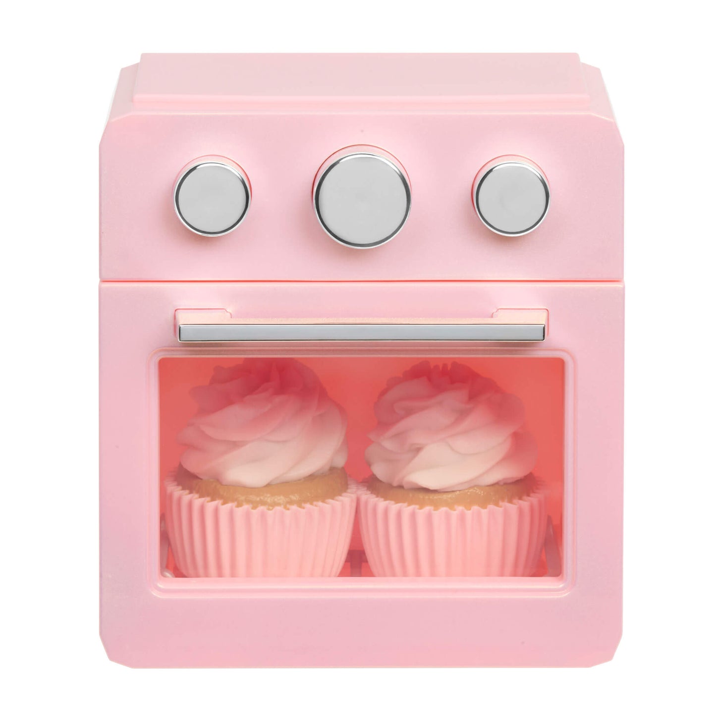 Two cupcakes inside the oven on a white background