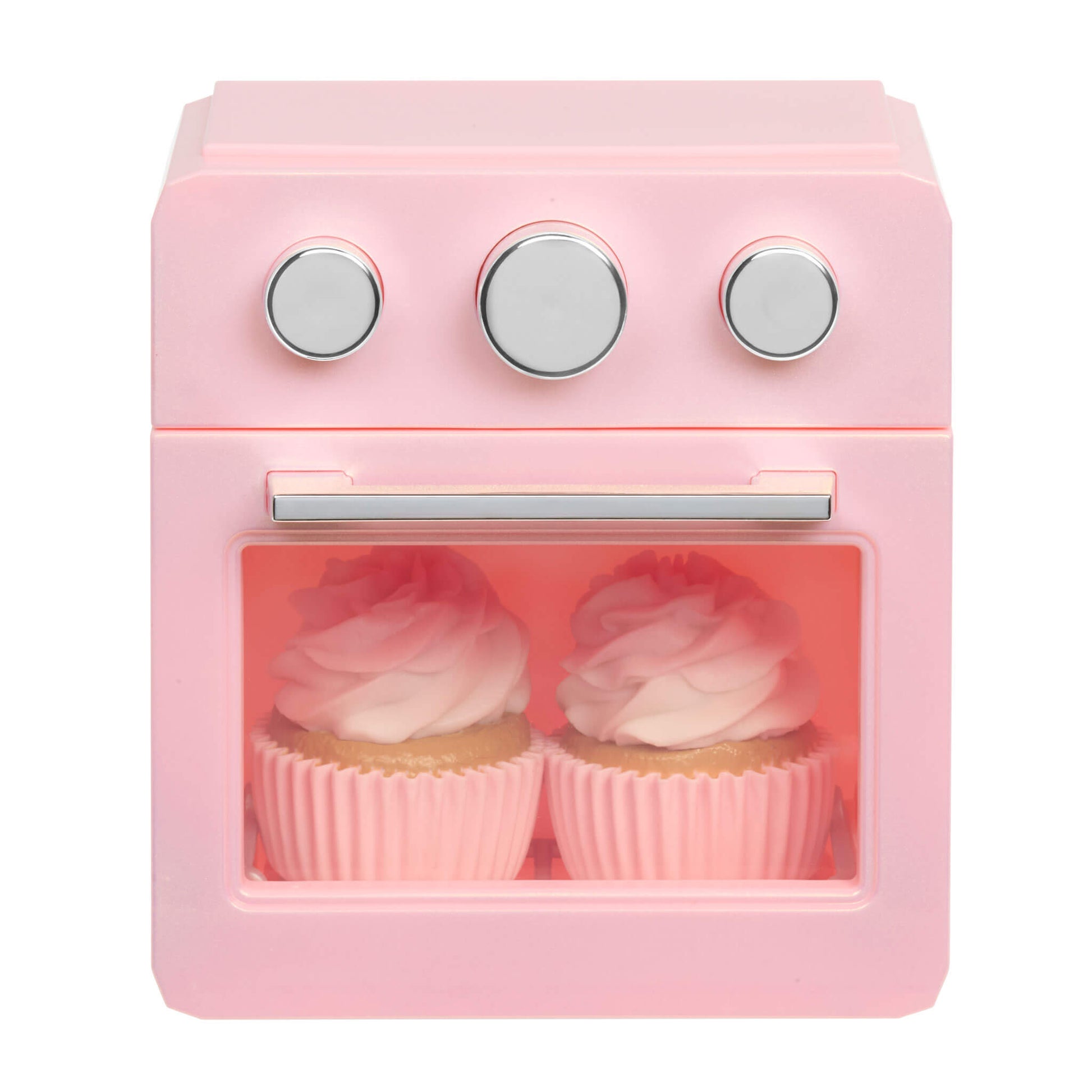 Two cupcakes inside the oven on a white background