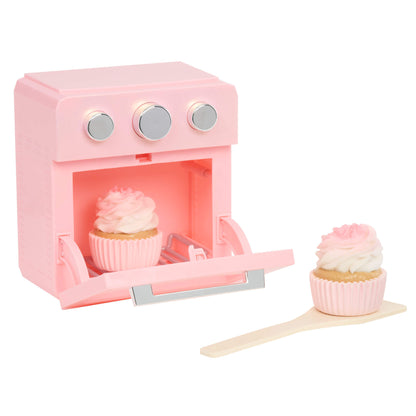 Oven door open with a cupcake inside on a white background