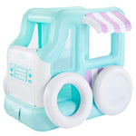 An inflatable play structure shaped like a retro ice cream truck, featuring a light aqua and white body with a pink and white striped awning, isolated on a white background.