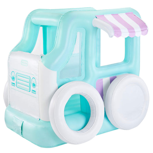 An inflatable play structure shaped like a retro ice cream truck, featuring a light aqua and white body with a pink and white striped awning, isolated on a white background.