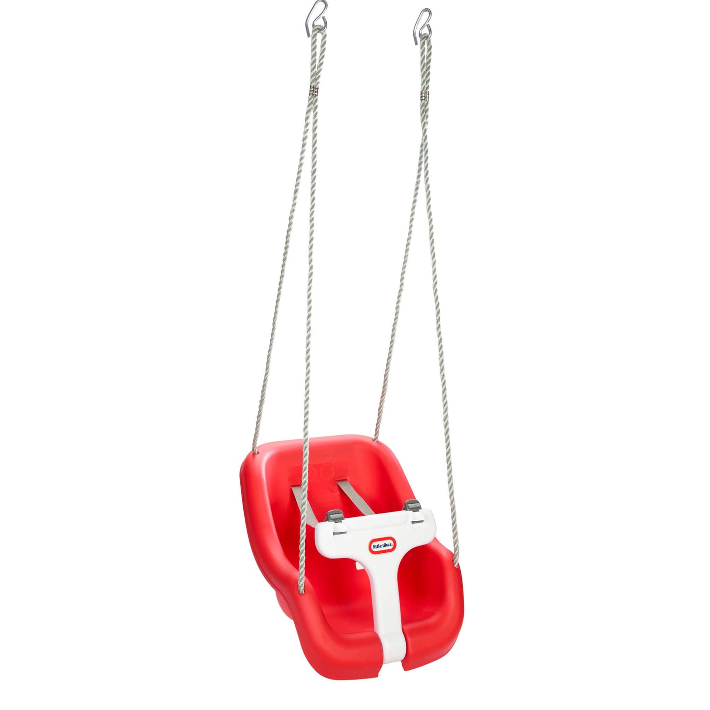 Red baby swing with white t-bar on a white background