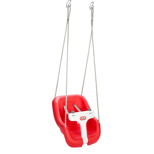 Red baby swing with white t-bar on a white background