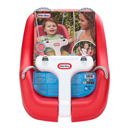 Red baby swing with packaging featuring a child and a woman on a white background