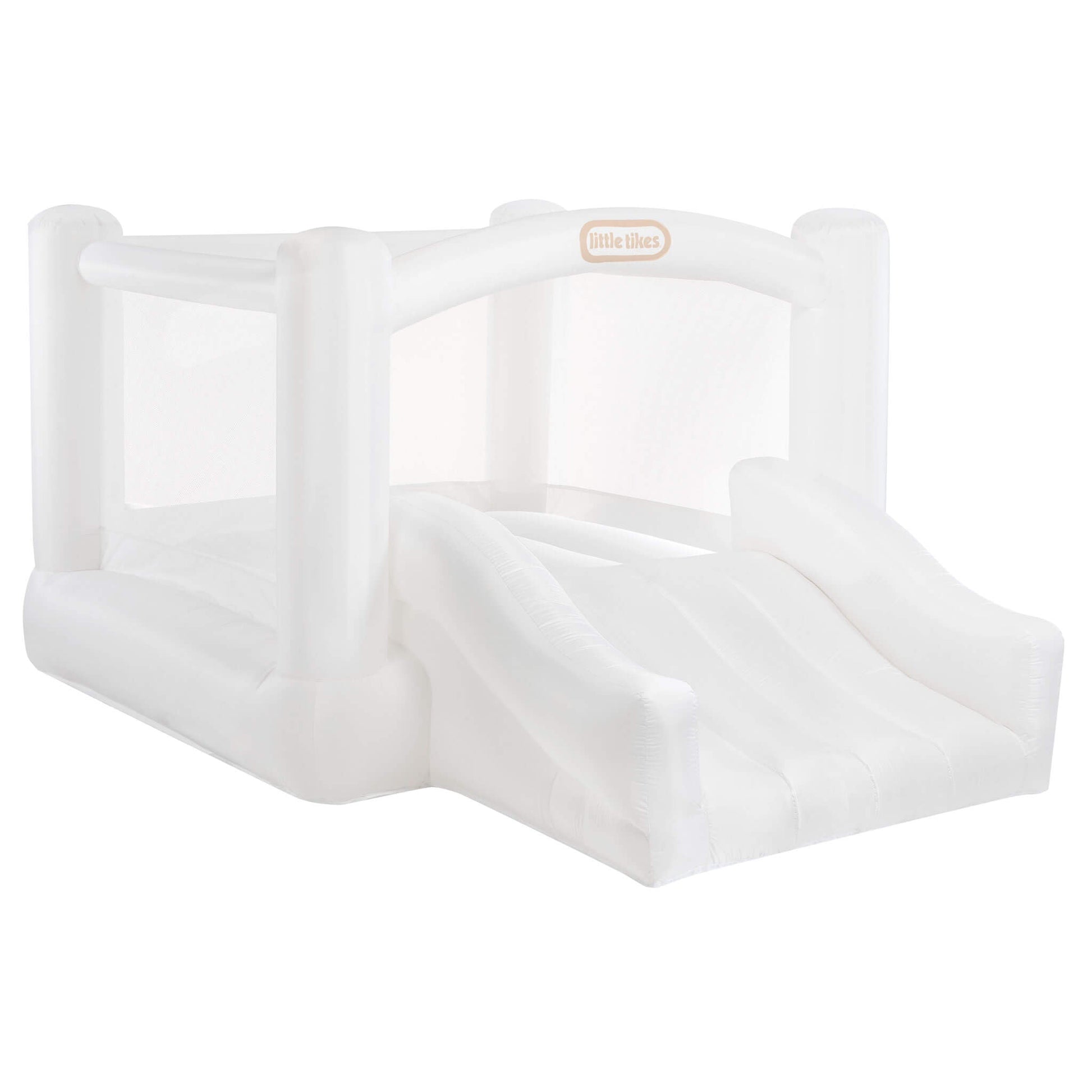 A white Little Tikes inflatable featuring a slide and enclosed play area, shown on a solid white background.