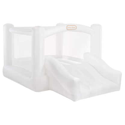 A white Little Tikes inflatable featuring a slide and enclosed play area, shown on a solid white background.