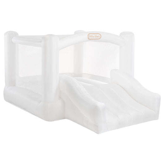 A white Little Tikes inflatable featuring a slide and enclosed play area, shown on a solid white background.