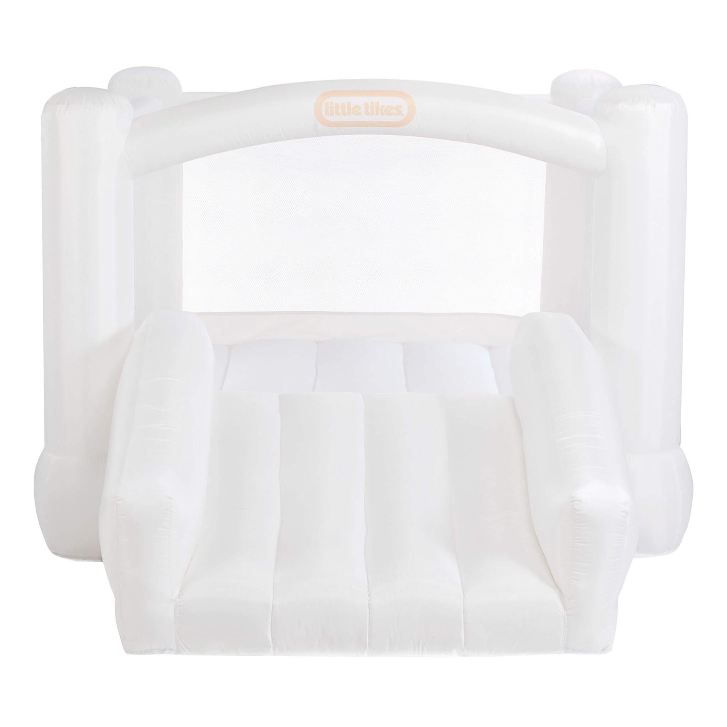 A white inflatable Little Tikes, featuring a slide, side bumpers, and a small arched opening at the top with the brand logo.