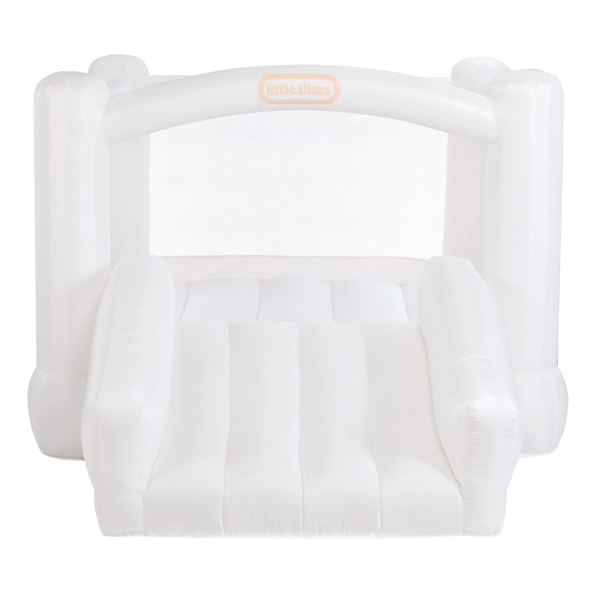 A white inflatable Little Tikes, featuring a slide, side bumpers, and a small arched opening at the top with the brand logo.