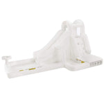 A white water inflatable, featuring a long pool basin, a slide, and a small integrated fountain sprayer, shown against a plain white background.