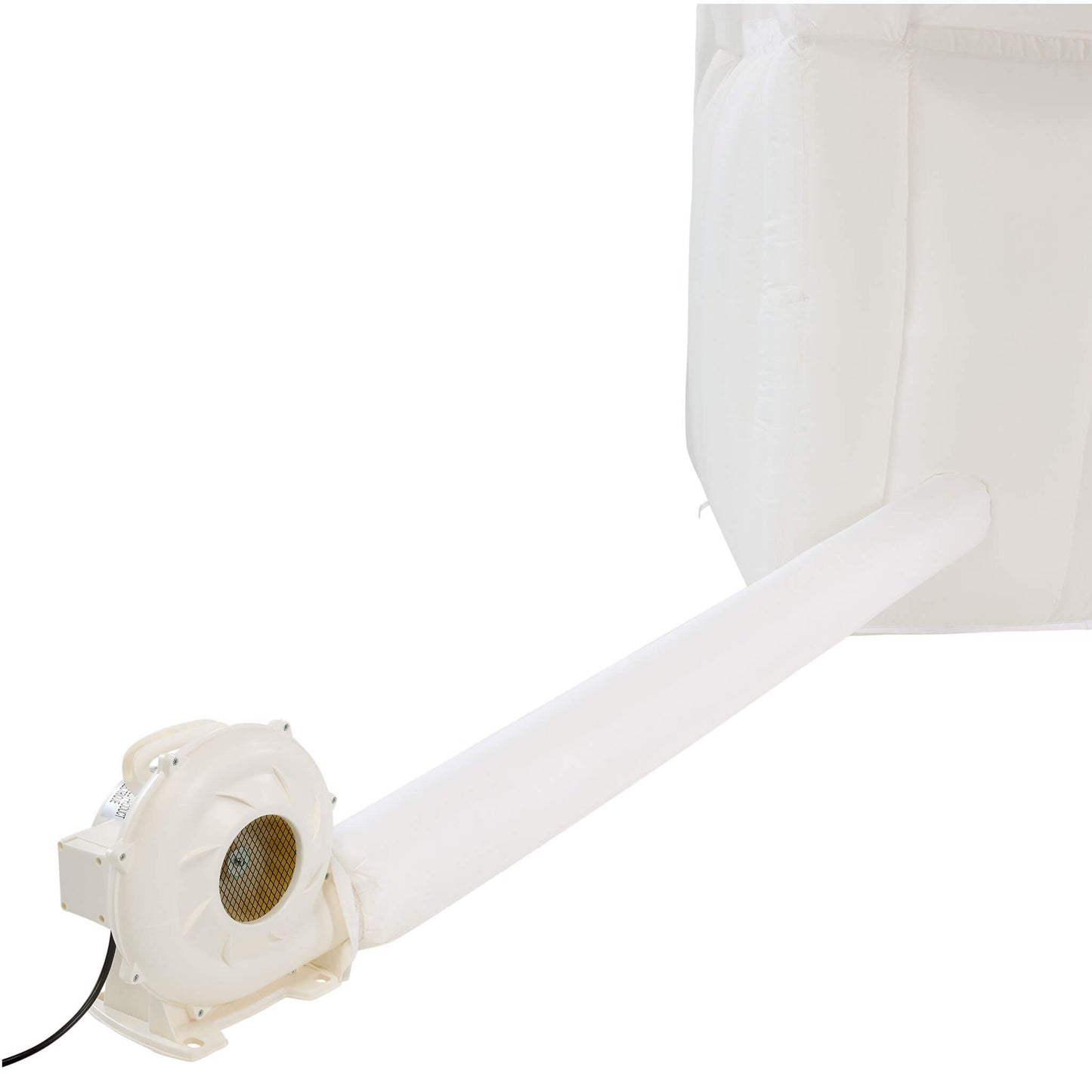 A white electric blower connected to a long white tube leading to an inflatable, shown on a plain white background.