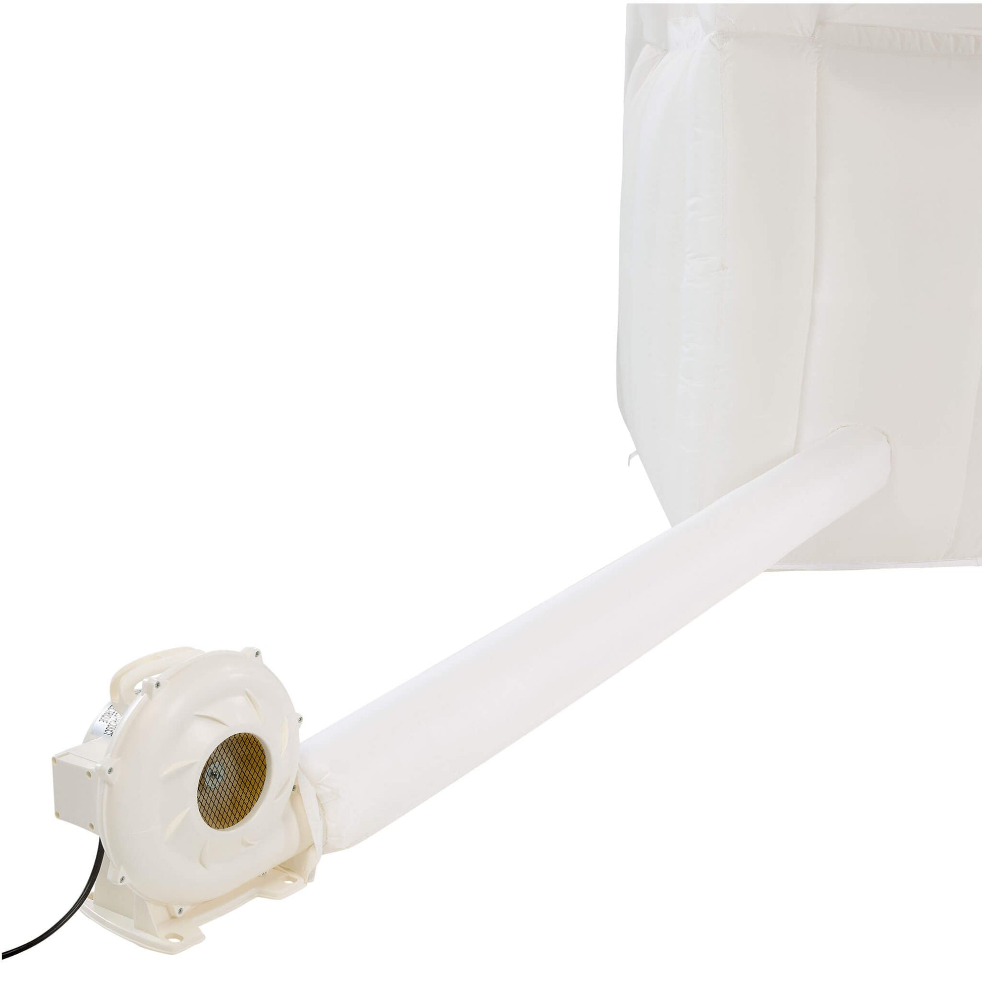A white electric blower connected to a long white tube leading to an inflatable, shown on a plain white background.
