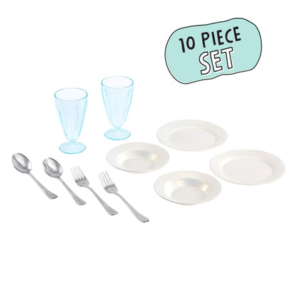 A 10-piece toy play dinner set on a white background, featuring two light blue drinking glasses, four white plates, and four silver-colored cutlery pieces. A light blue badge in the top right corner reads '10 PIECE SET'.
