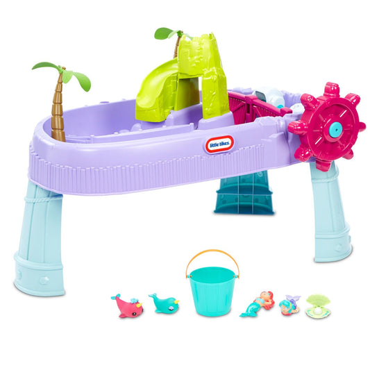 Water table, 2 mermaids, 2 narwhals, oyster shell with pearl, and a bucket