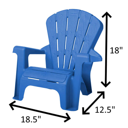 Blue plastic chair with dimensions labeled on a white background