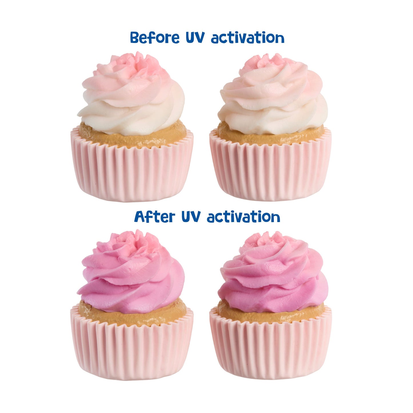 A four-panel comparison showing cupcakes with pink and white frosting under the labels 'Before UV activation' and 'After UV activation.' The top row shows the cupcakes before treatment, with one pink and one white-tipped frosting swirl.