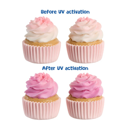 A four-panel comparison showing cupcakes with pink and white frosting under the labels 'Before UV activation' and 'After UV activation.' The top row shows the cupcakes before treatment, with one pink and one white-tipped frosting swirl.