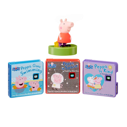 Peppa Pig toy figure with three storybooks on a white background