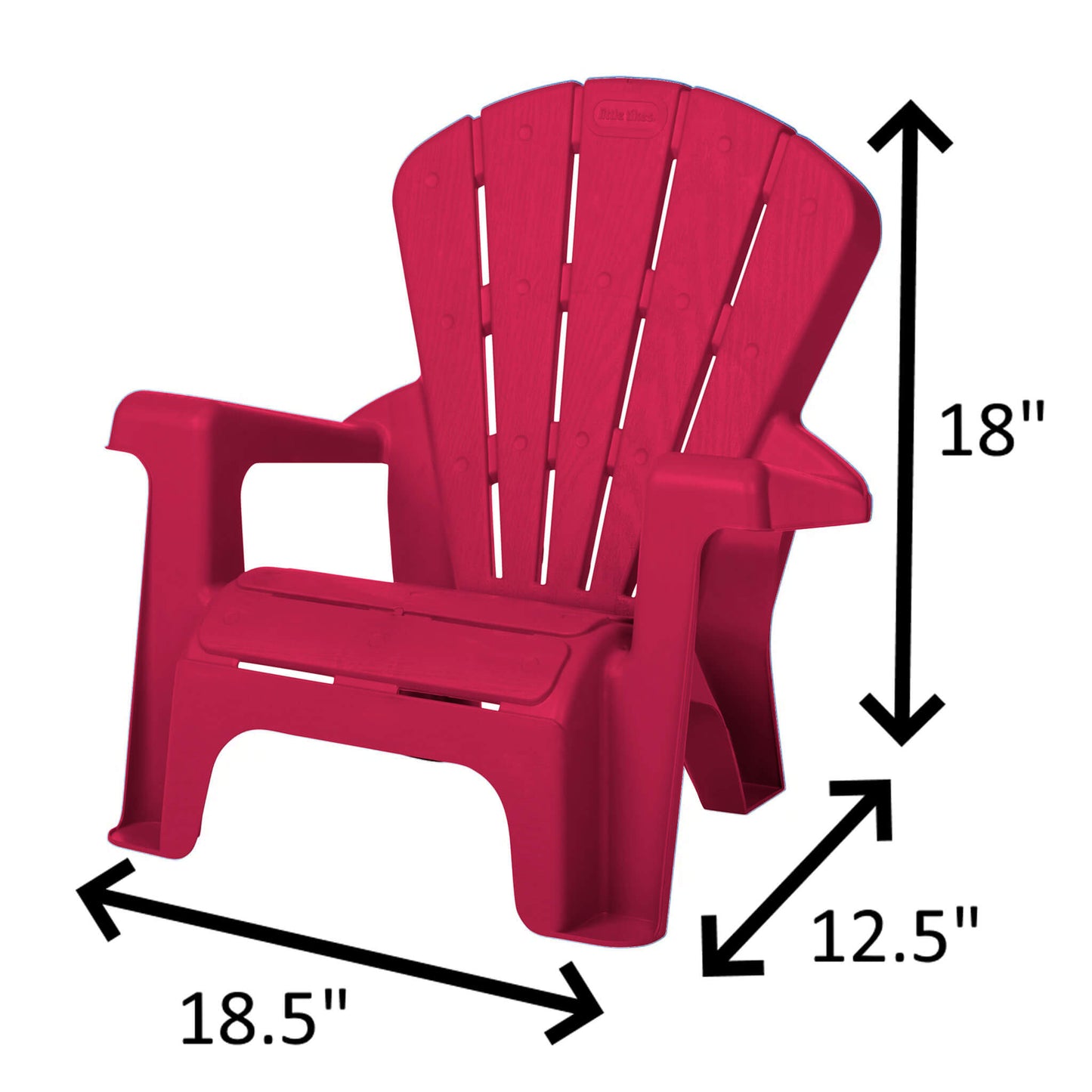 Red plastic chair with dimensions labeled on a white background