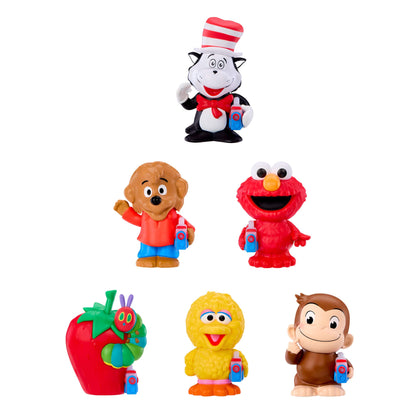Set of six colorful children's figurines on a white background